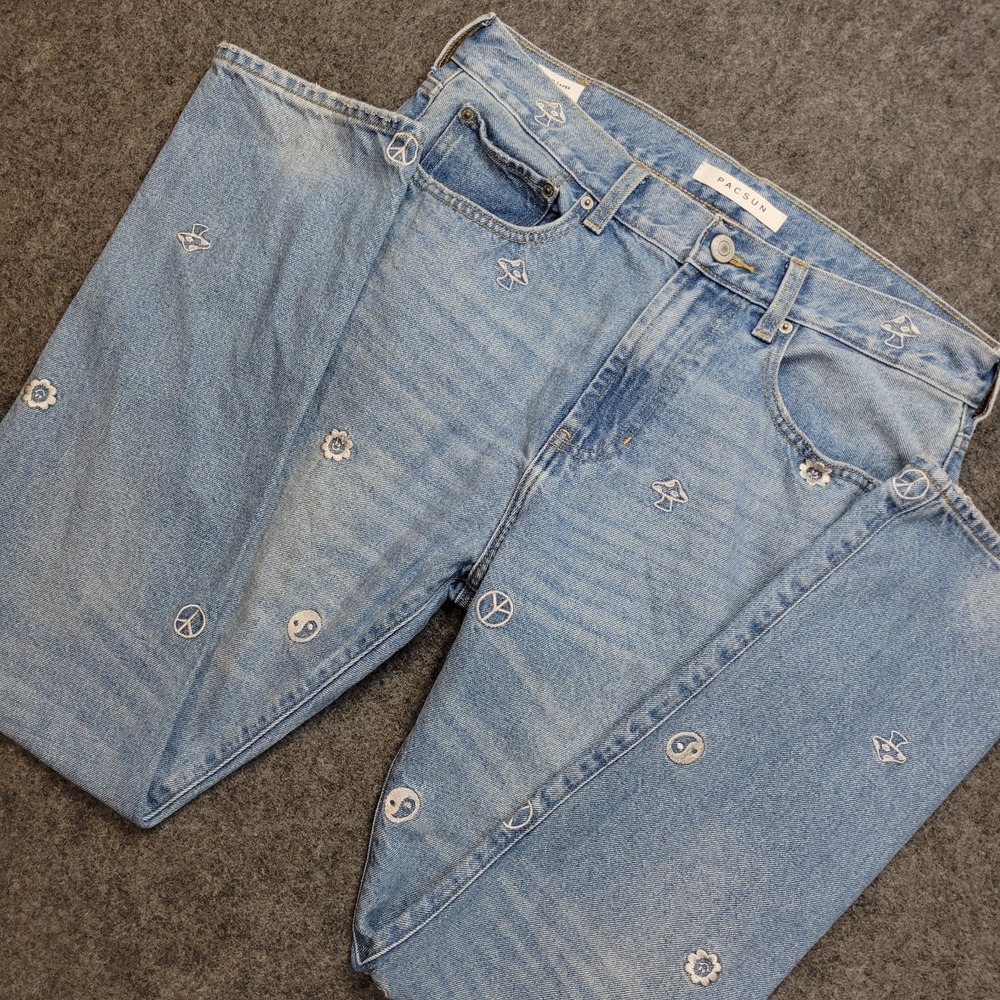 Pacsun Jeans Womens 32x32 Blue Embroidery of Peace Signs & Flowers Boho Indie
